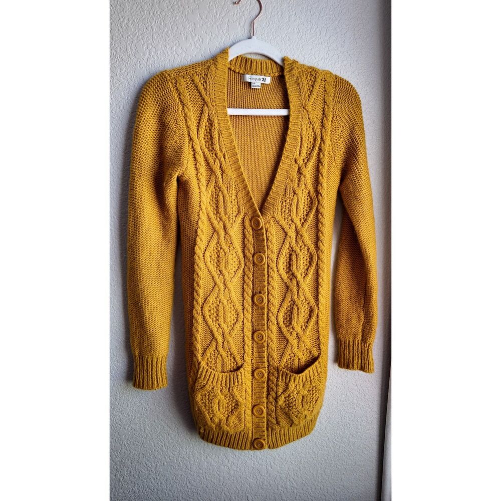 Forever 21 Mustard Yellow Cable Knit Long Cardigan Women's S Button Front Pocket